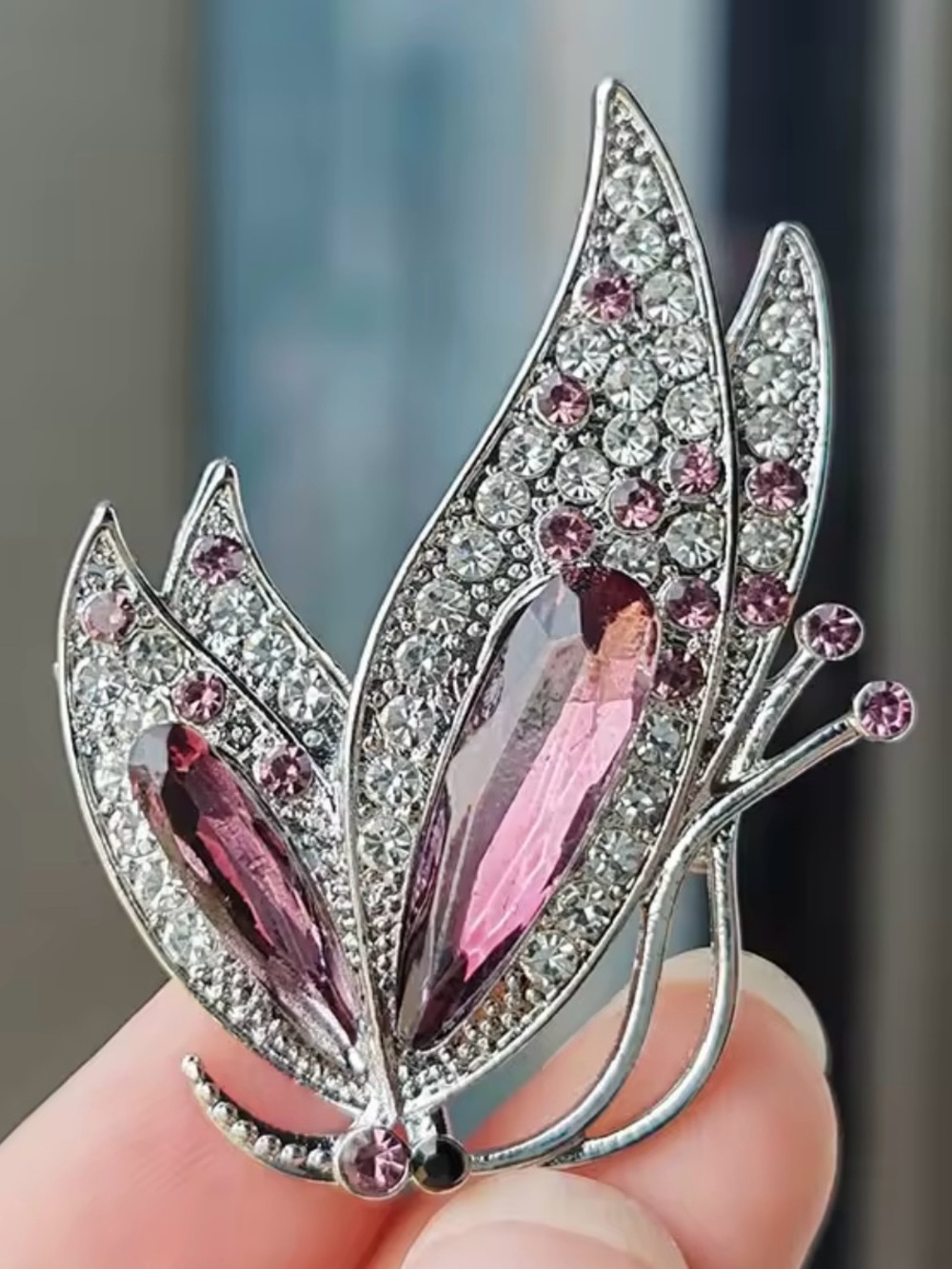 Silver-tone Pink Crystal Butterfly Brooch